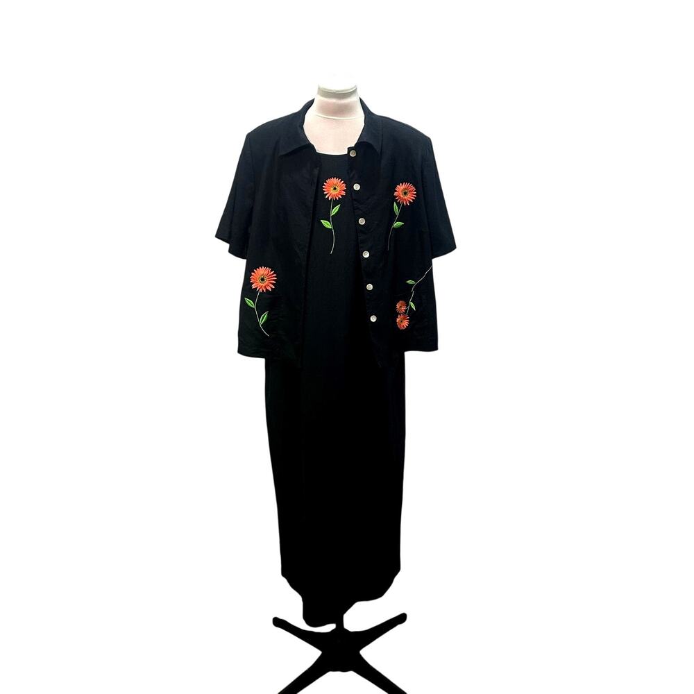 ULTRA DRESS 2pc Maxi Dress & Shacket Black Linen Blend Gerber Daisies Daisy 16W